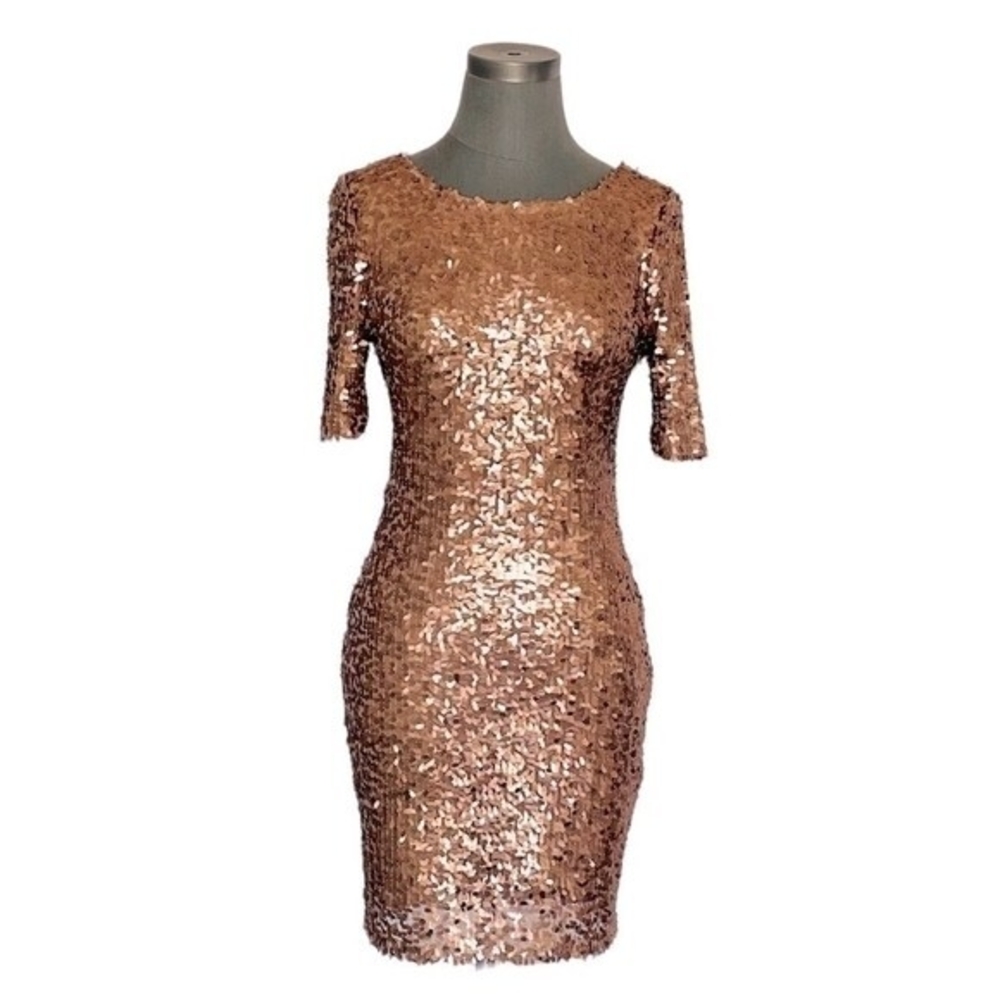 ARK & CO Rose Gold Sequin Bodycon Dress Size 4 Open Back Short Sleeve NWT - Picture 5 of 11